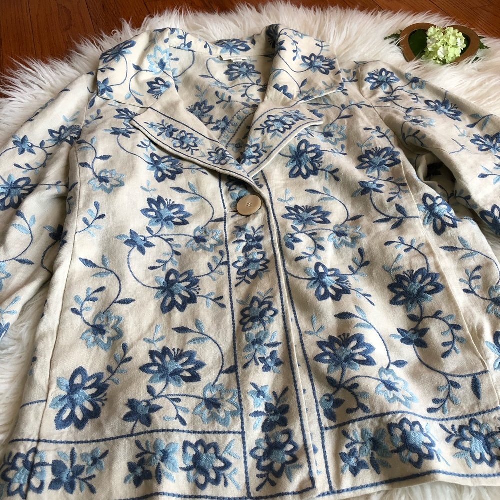 J Jill Sz M White Floral Jacket Embroidered Linen